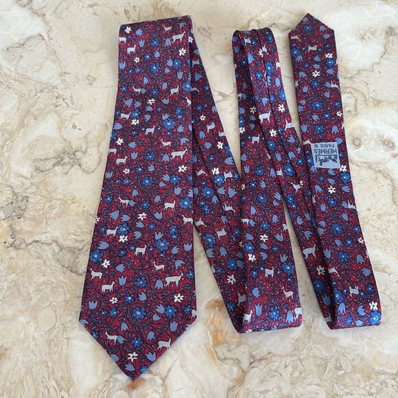 Hermès 100% Silk Printed Tie Floral & Deer - Picture 3 of 9